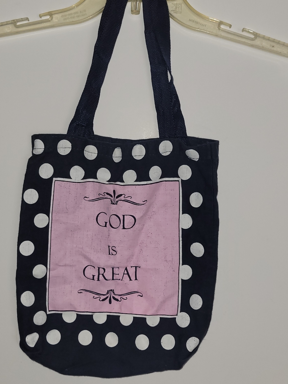 Vintage Polka Dot Navy Tote Bag with Pink Panel - God Is Great